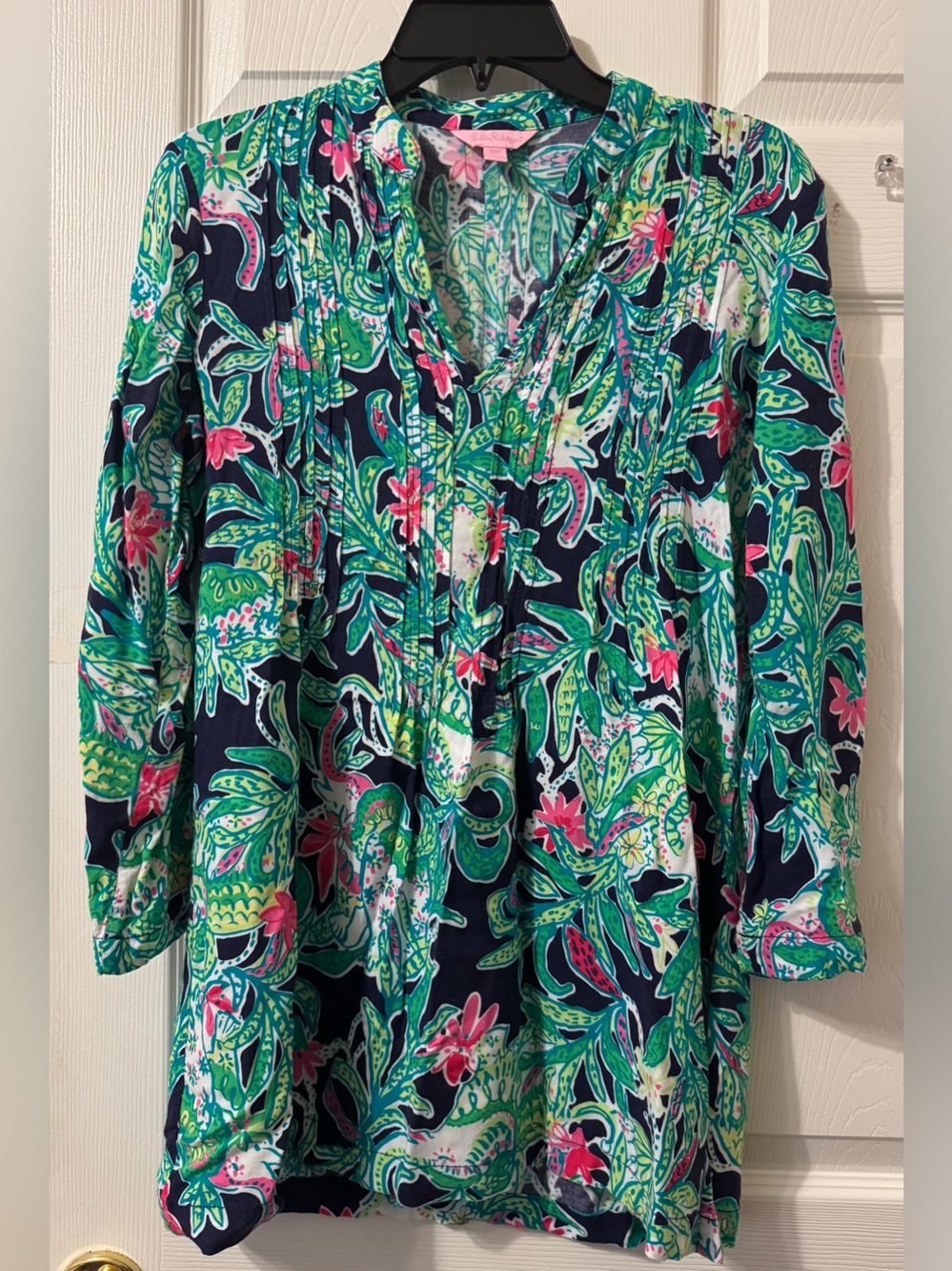 Lilly 3/4 sleeve shirt in navy, pink, and green